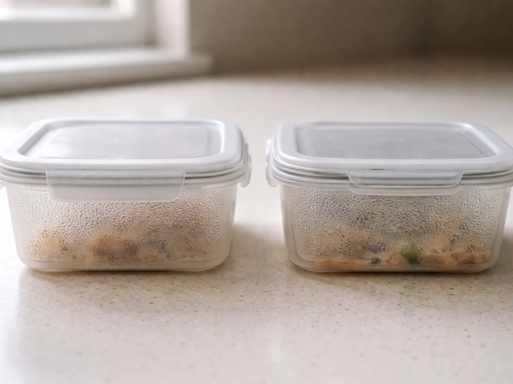 Two clear food containers on a counter—one sealed, one slightly vented—showing oxygen exposure effects.