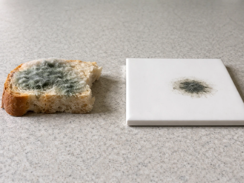 Side-by-side photo: mold on porous bread versus a small surface mold patch on a non-porous tile.