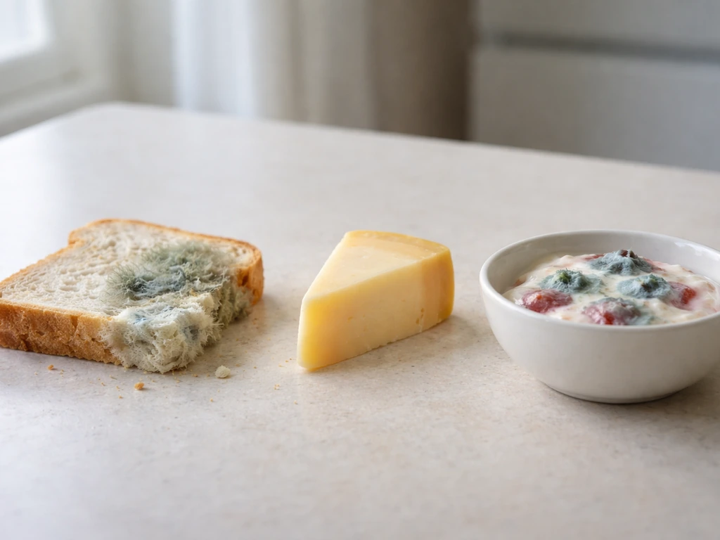 Tabletop view showing mold on soft foods to discard and clean-cut firm cheese to keep.