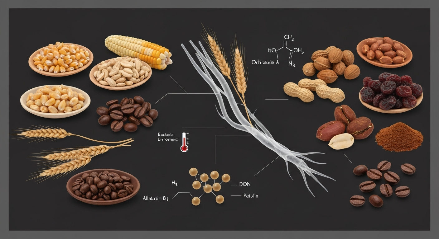 Illustration of cereals, nuts, dried fruit, coffee and spices with fungal hyphae and chemical-structure overlays showing mycotoxin risk.