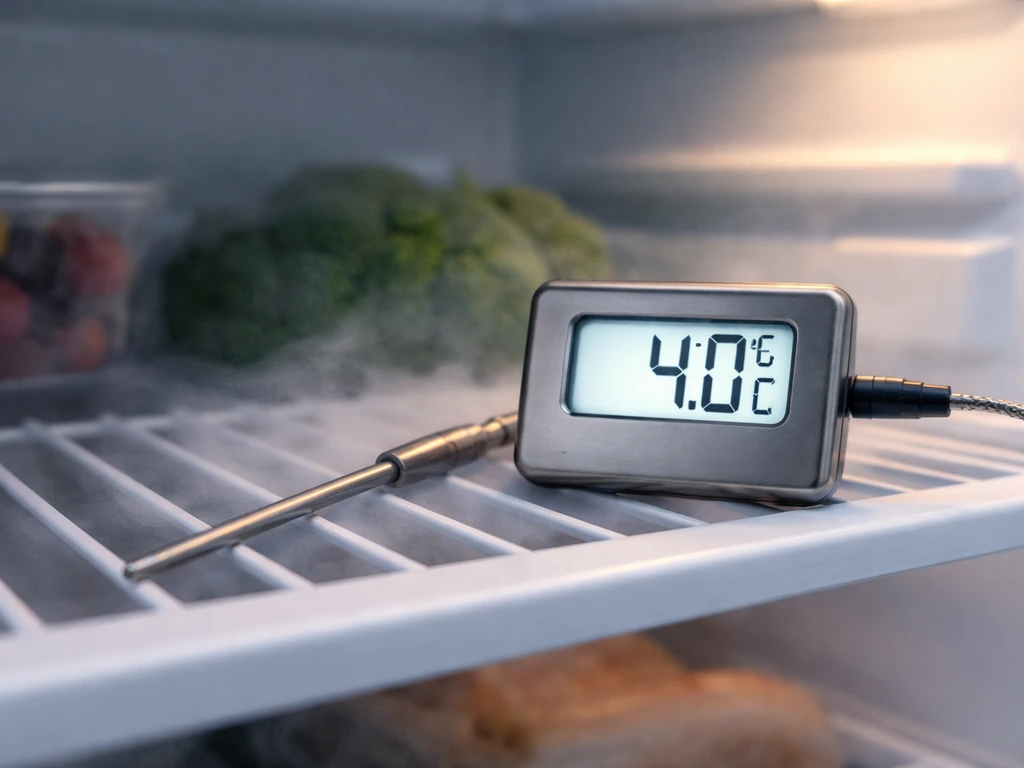 Refrigerator temperature probe reading about 4°C in a clean kitchen setting.