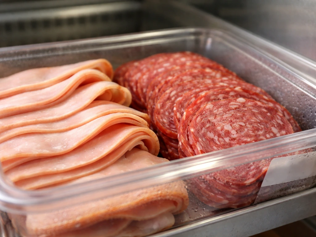 Sliced deli ham and salami in a refrigerator tray with a generic dated sticker, close-up.