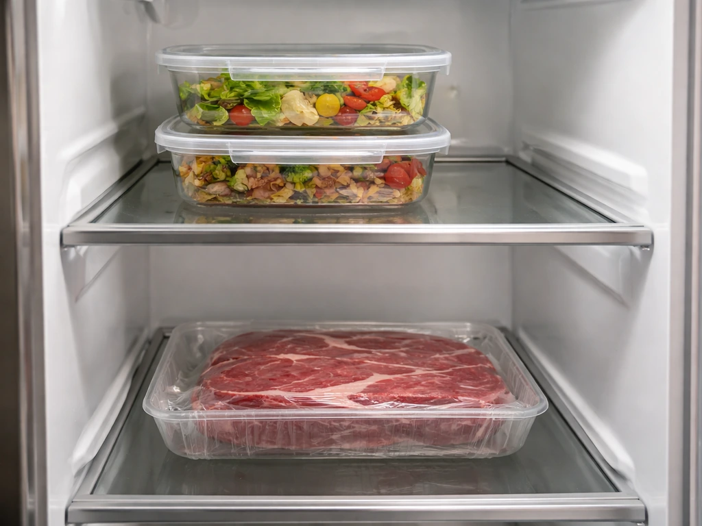 Refrigerator bottom shelf with sealed raw meat tray preventing drips onto ready-to-eat food