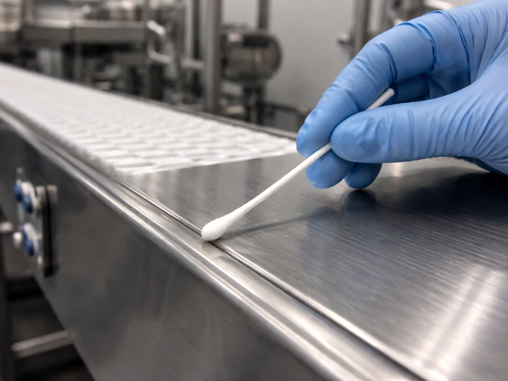 Gloved hand swabbing a stainless conveyor surface in a clean food facility for Listeria investigation.