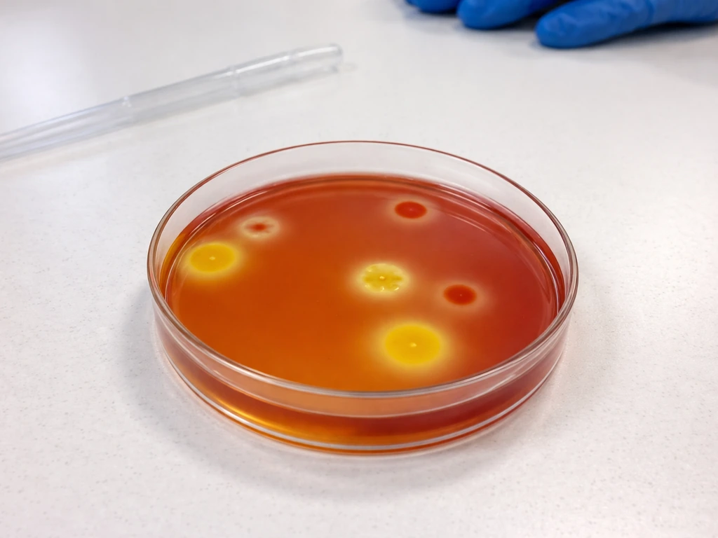 Close-up of an MSA Petri dish showing red agar with yellow-looking growth spots after mannitol fermentation.