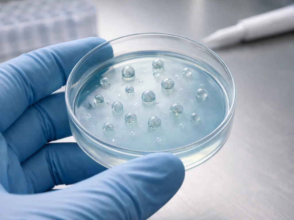 Gloved hand holding a petri dish with gel and small cell-like spheres shrinking under osmotic salt stress.