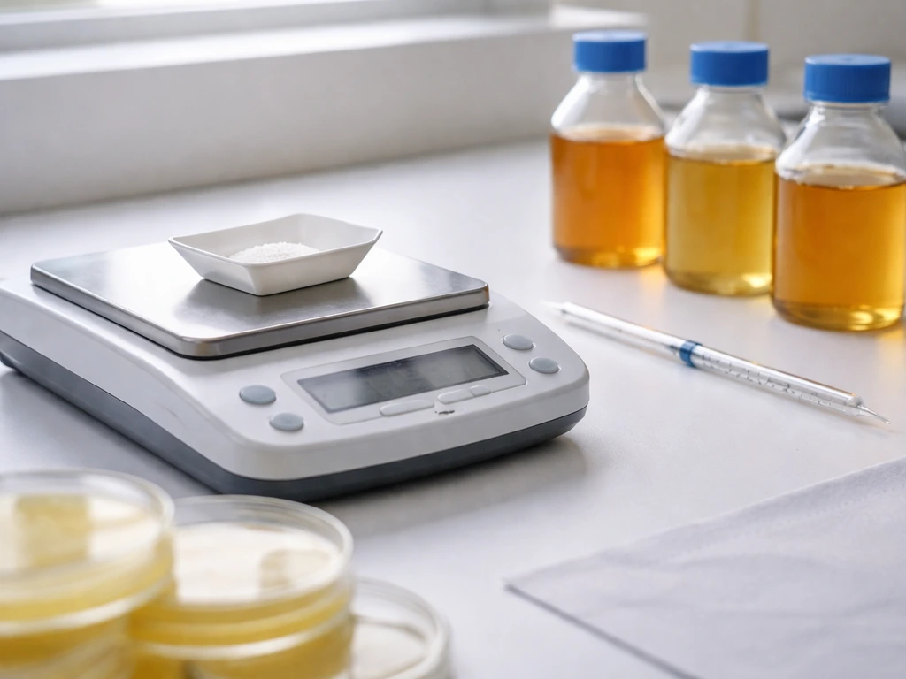 Close-up of a lab bench with pipette, balance, and MSA media bottles during NaCl preparation checks