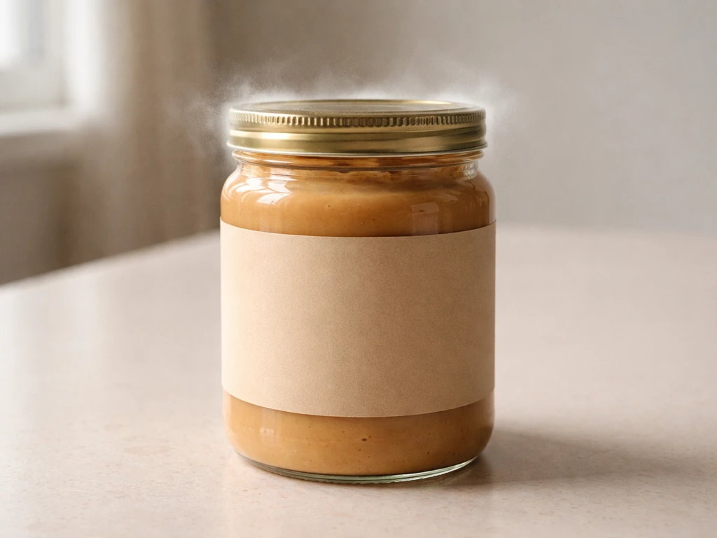Jar of peanut butter on a kitchen counter with a faint translucent contamination cue near the lid.