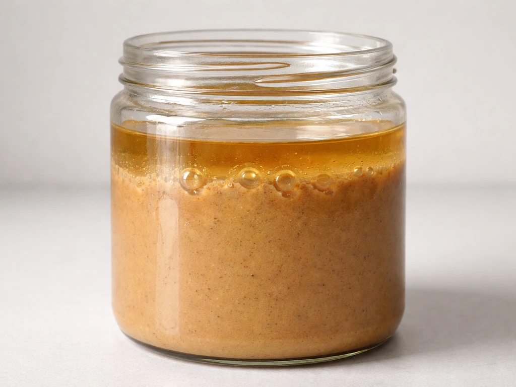 Cross-section view of peanut butter showing an oil layer and subtle moisture droplet pockets near the interface.