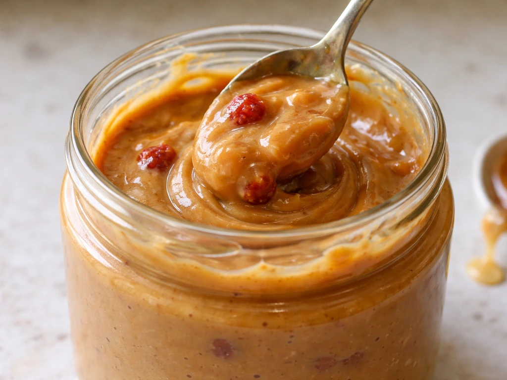 Close-up of peanut butter being stirred with honey and fruit in a glass jar, thick creamy slurry forming.
