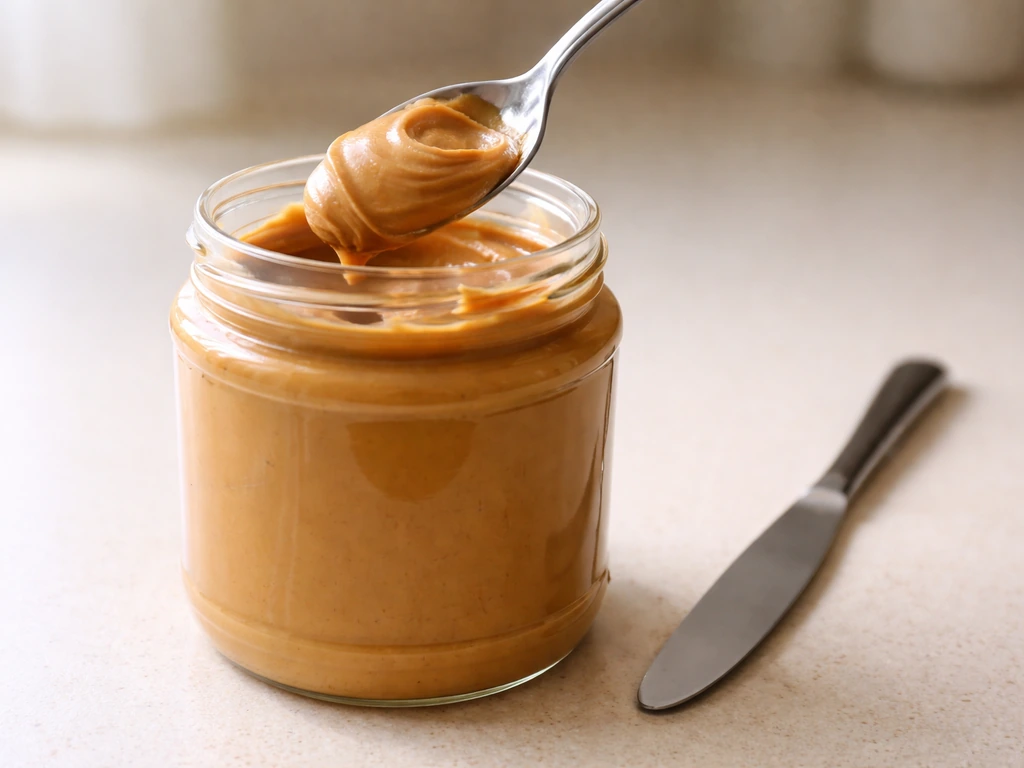 Clean dry spoon scooping peanut butter from a jar, with a separate utensil beside it to prevent double-dipping.