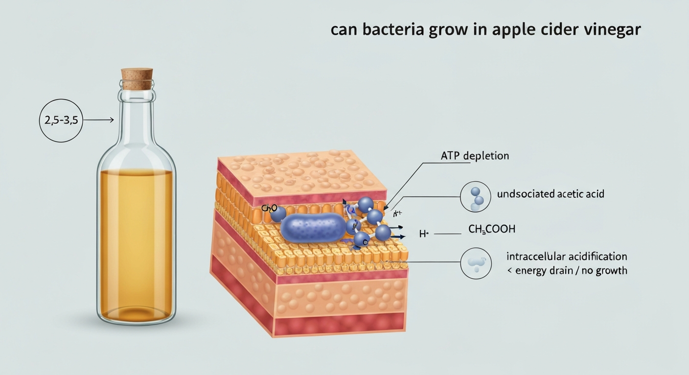Infographic showing acetic acid molecules crossing a bacterial cell membrane and causing intracellular acidification, with an apple cider vinegar bottle and pH scale.