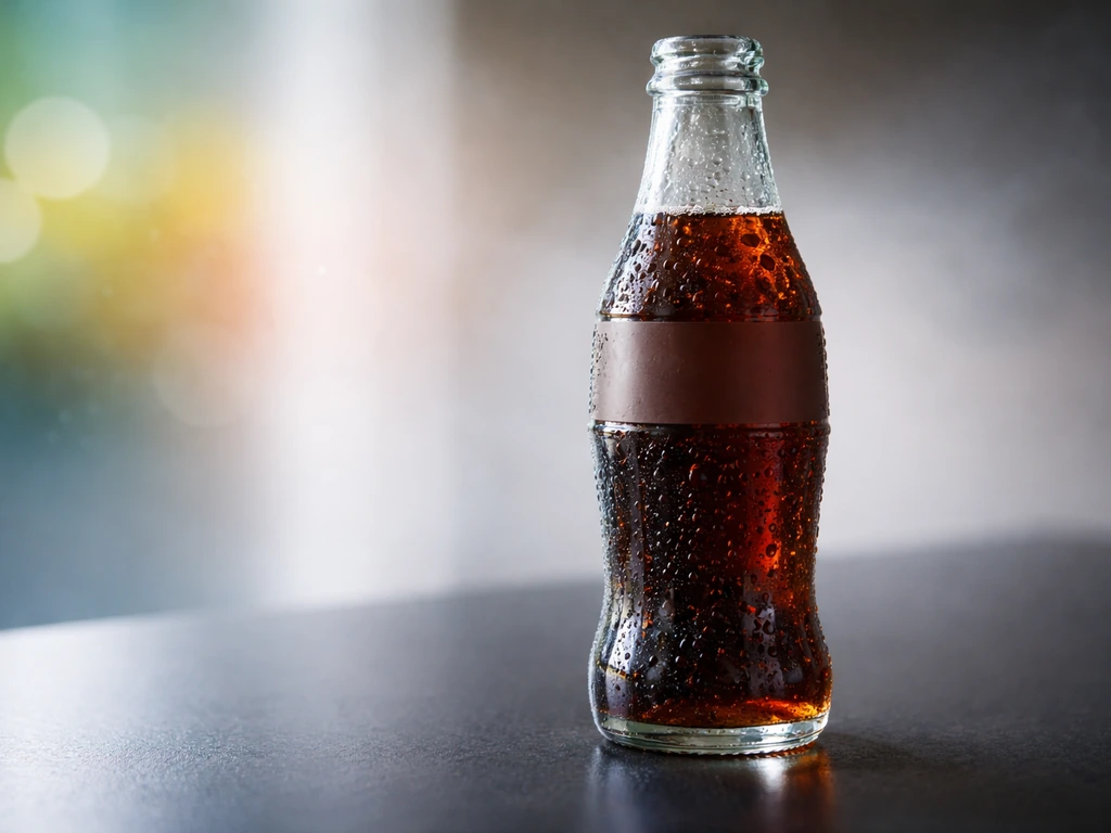 Condensation-covered soda bottle with tiny bubbles rising, subtle color cues suggesting soda chemistry limits bacterial