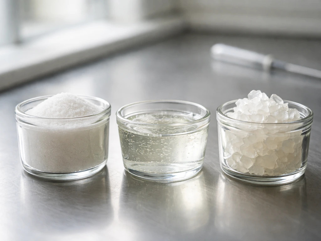 Close-up of sugar and clear acidic ingredients in small glass containers on stainless steel