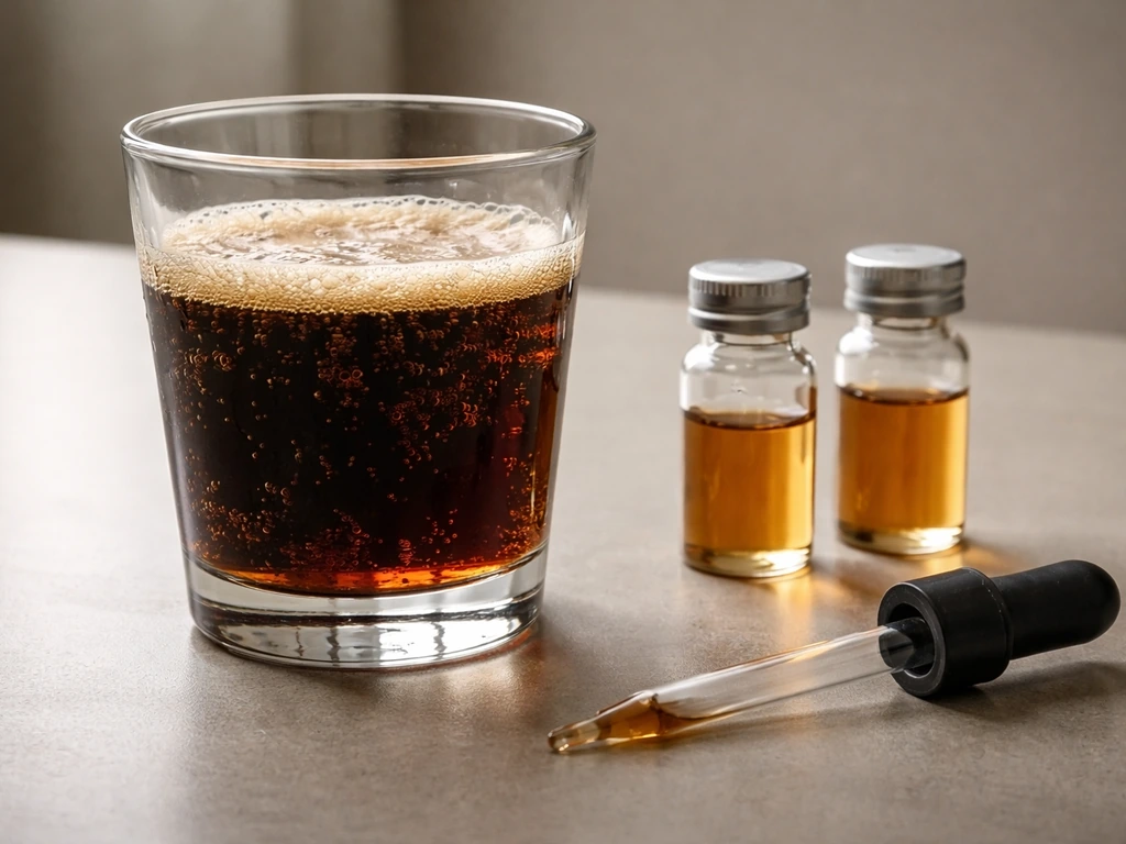 Close-up of a dark soda glass with bubbling foam beside small chemical vials, suggesting preservatives in acidic drink