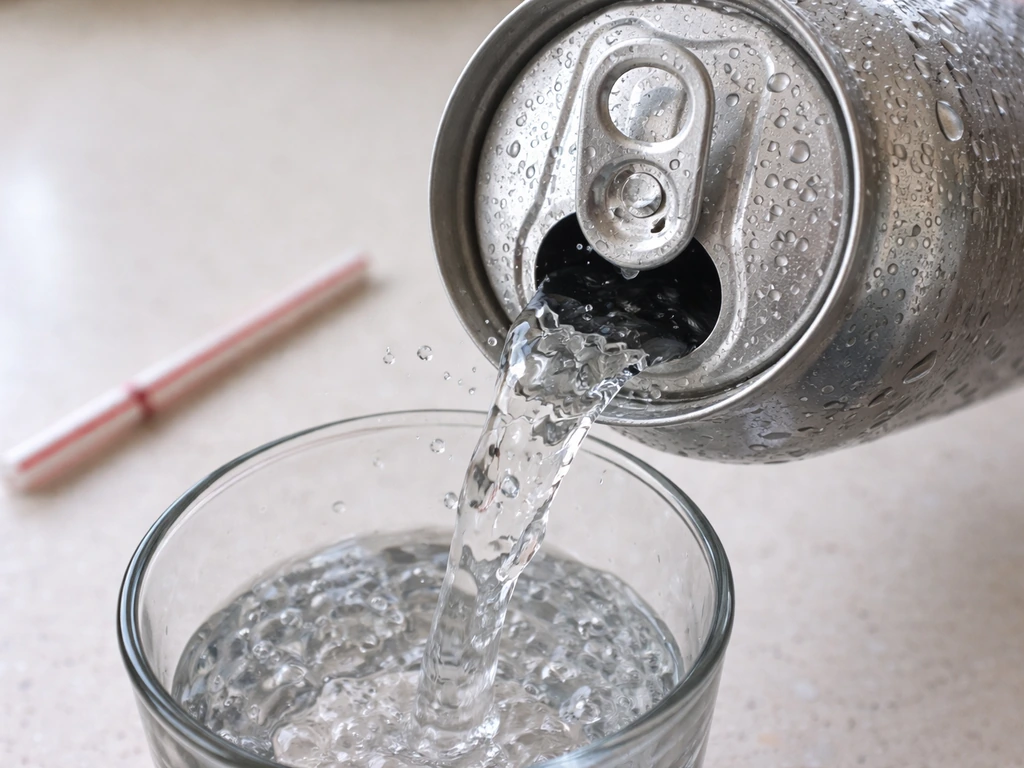 Clear glass pouring soda from an open can on a kitchen counter beside a used straw.