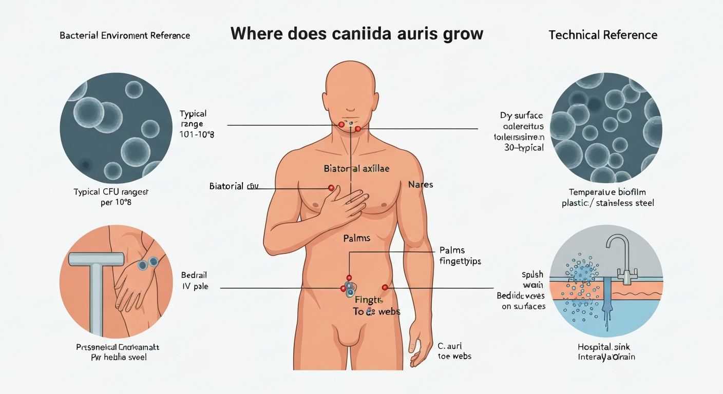 Infographic showing Candida auris colonization sites on a human figure (nares, axillae, groin, palms, fingertips, toe webs) with insets of microscopic biofilm on surfaces, contaminated hospital surfaces, and a sink drain.