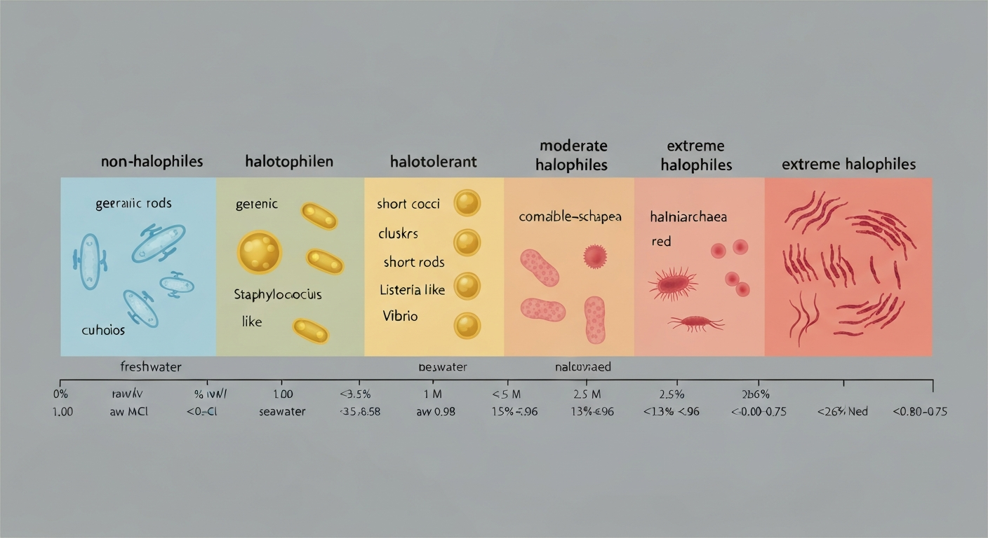 Infographic gradient showing bacteria types across increasing salt concentrations with NaCl % and water activity labels.