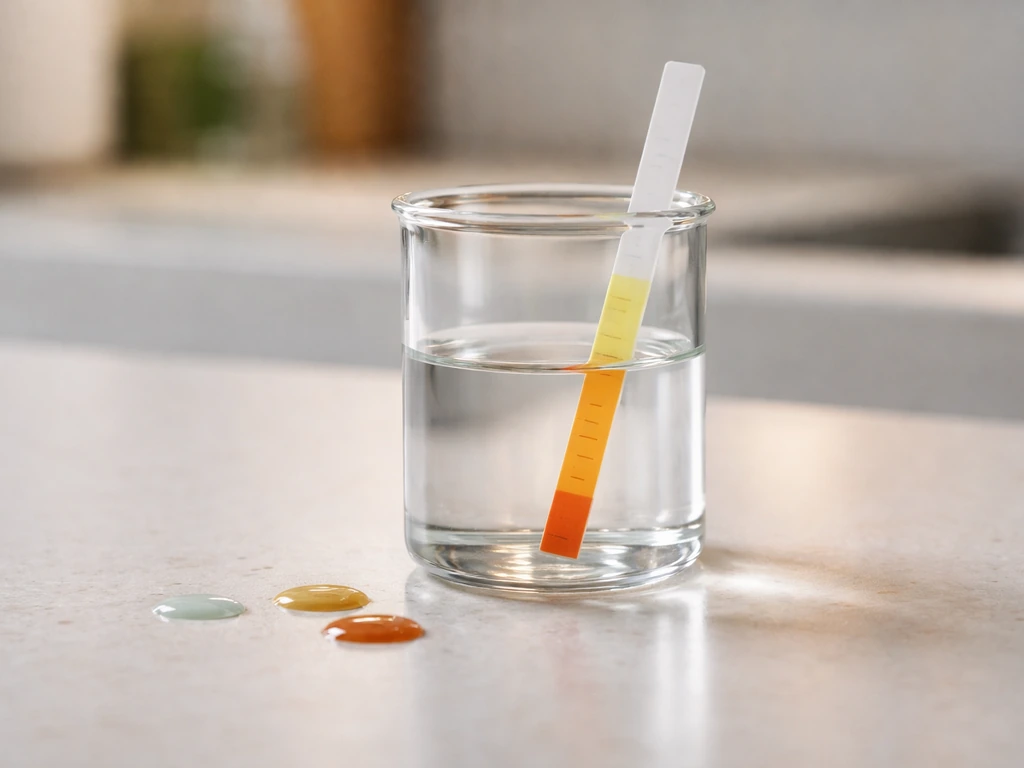 Macro kitchen photo showing a pH test strip dipped in clear liquid with subtle neutral-to-acidic color shift.
