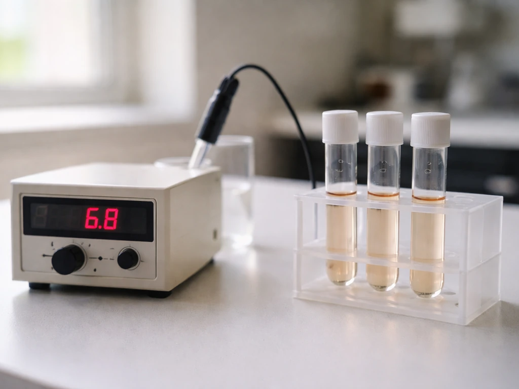 Close-up of a lab bench with a pH meter display and blank test tubes suggesting acidic thresholds