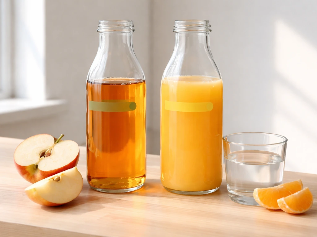 Minimal still-life of apple cider and orange juice in glass bottles with a simple acidity cue