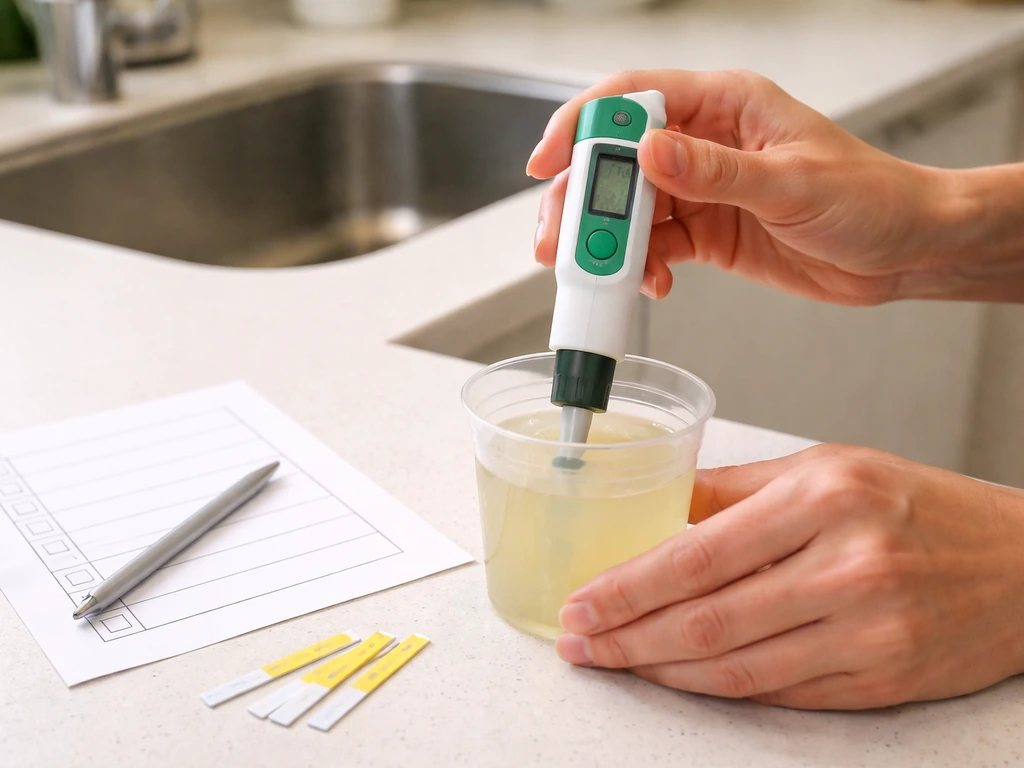 Hands testing acidic food pH with a pH meter and strips beside a simple kitchen checklist