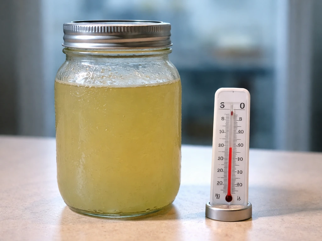 Sealed jar of pickle brine beside an analog thermometer reading about 4°C in a cool setting.