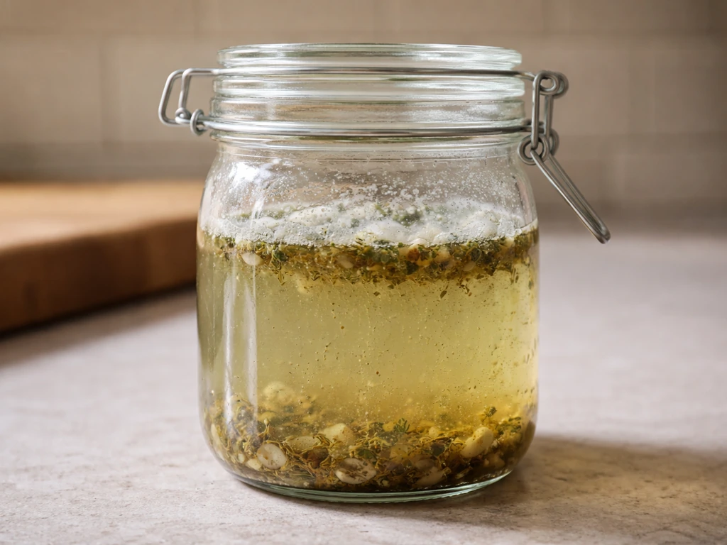 Close-up of a glass jar of pickle brine showing surface mold film versus clear normal brine