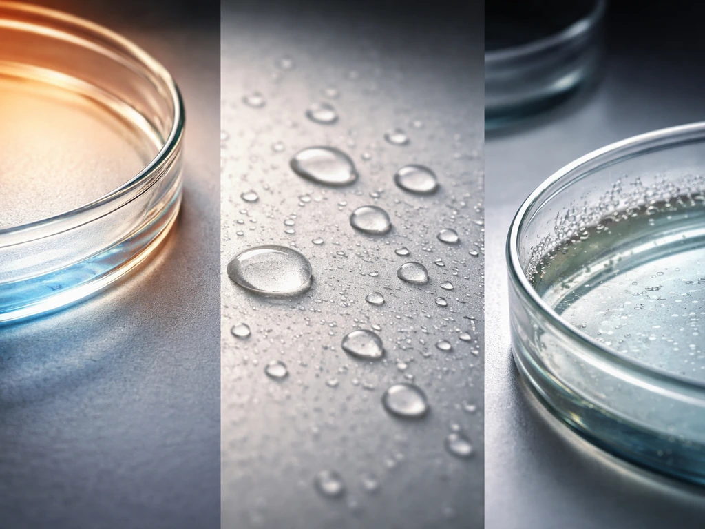 Minimal lab macro view showing sterile dishes with droplets, bubbles, and a faint biofilm film indicating growth conditi