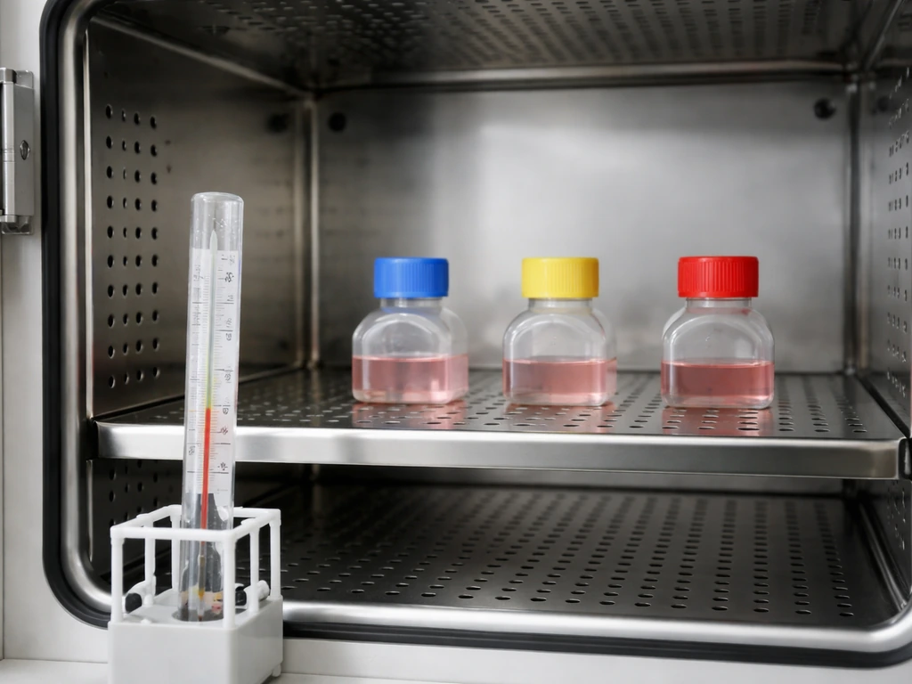 Laboratory incubator with a thermometer and labeled culture containers showing cold-to-heat temperature limits