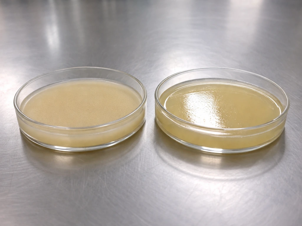 Two petri dishes on a stainless bench showing contrasting wet and dry agar surfaces.