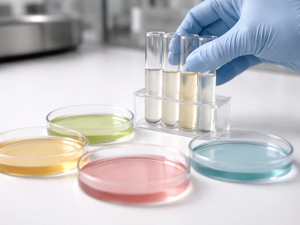 Close-up of microbiology culture tubes and agar plates showing different media conditions under natural lab light