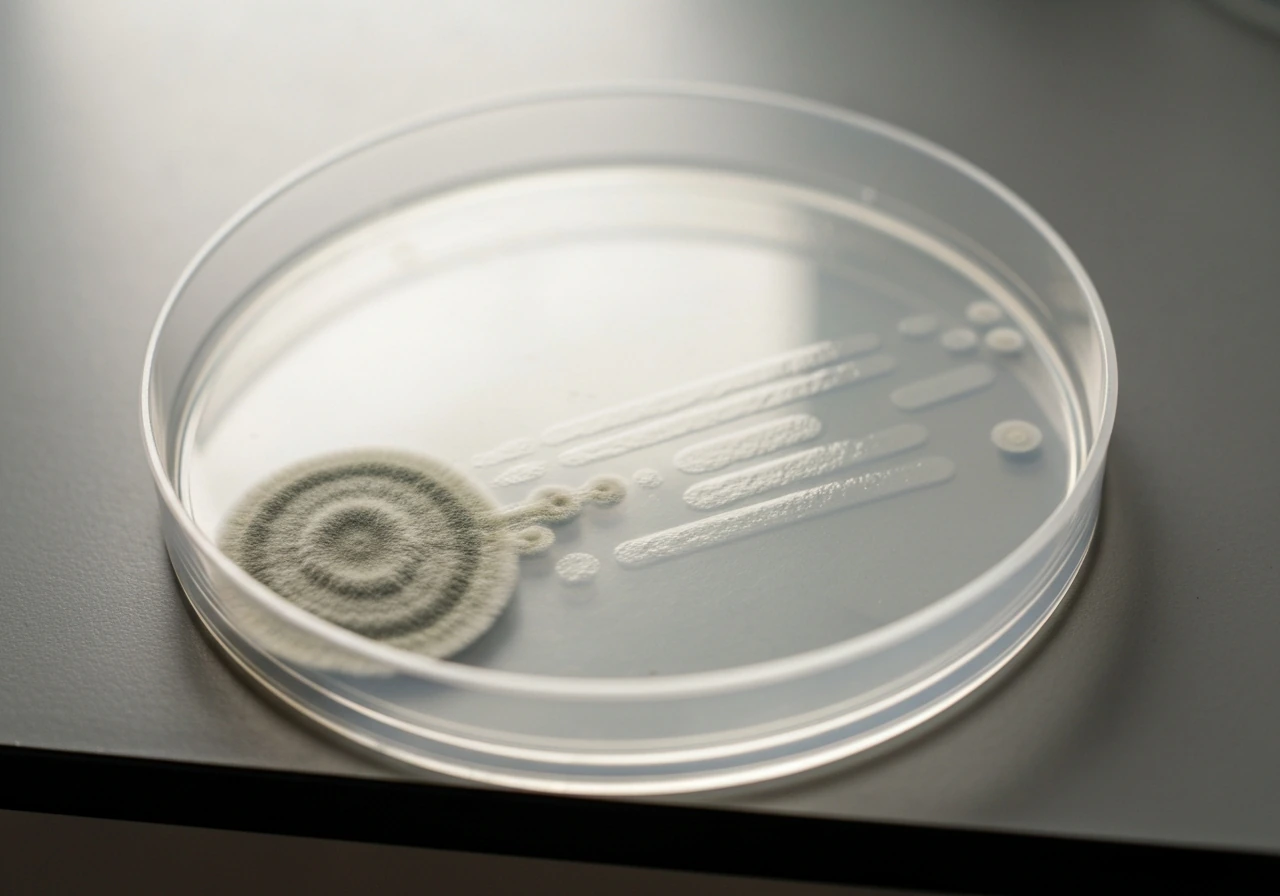 Close-up Petri dish on nutrient agar showing fuzzy fungal colony and clearer bacterial-looking growth.