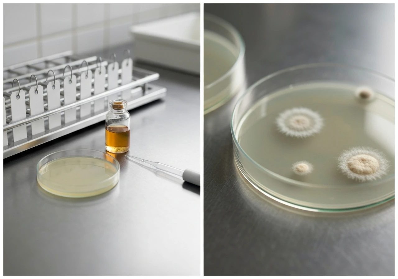 Two petri dishes on a lab bench: mostly clear nutrient agar vs visible mold/yeast growth on agar.