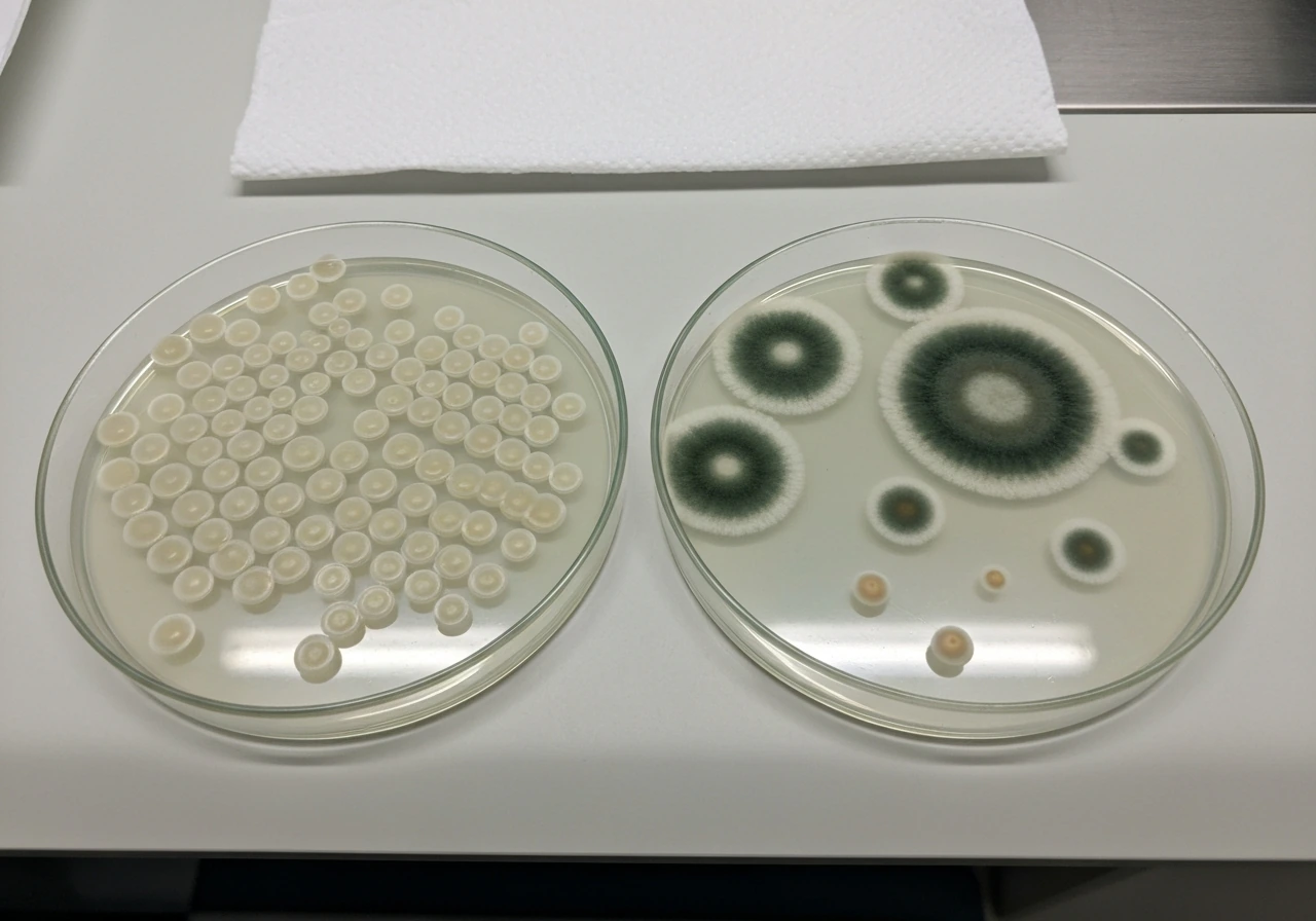 Side-by-side agar plates showing smooth discrete bacterial colonies and fuzzy spreading mold/yeast colonies.