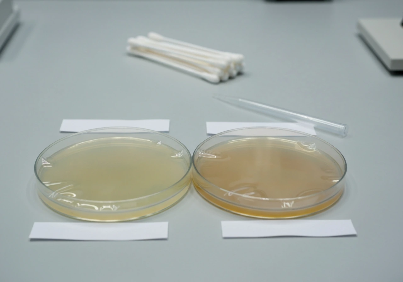Petri dishes with nutrient and selective agar beside sterile tools on a clean lab bench, minimal composition.