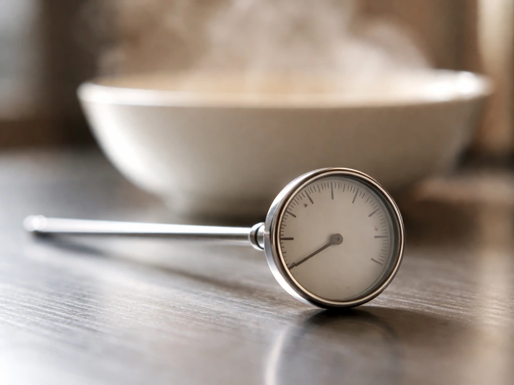 Close-up of a thermometer on stainless steel with soft steam, implying an optimal mid temperature range.