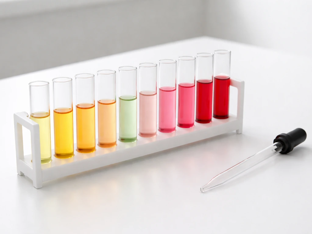 Color-varied test tubes in a lab rack, with a near-neutral tube highlighted by a subtle green tint.