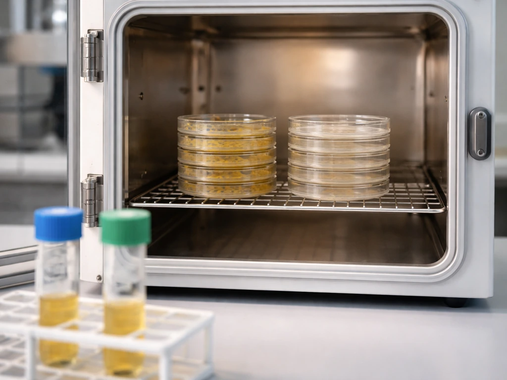 Minimal lab bench with incubated agar plates showing different growth under varied conditions