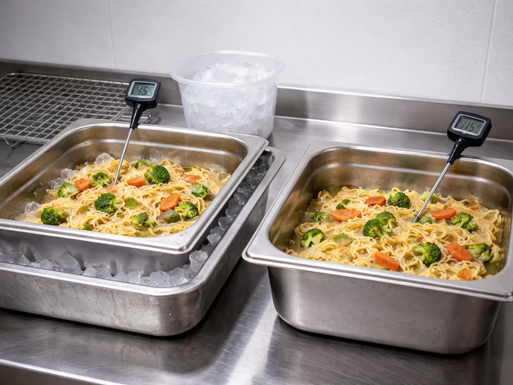 Chef’s station with two labeled containers cooling at different speeds, showing thermometer probes