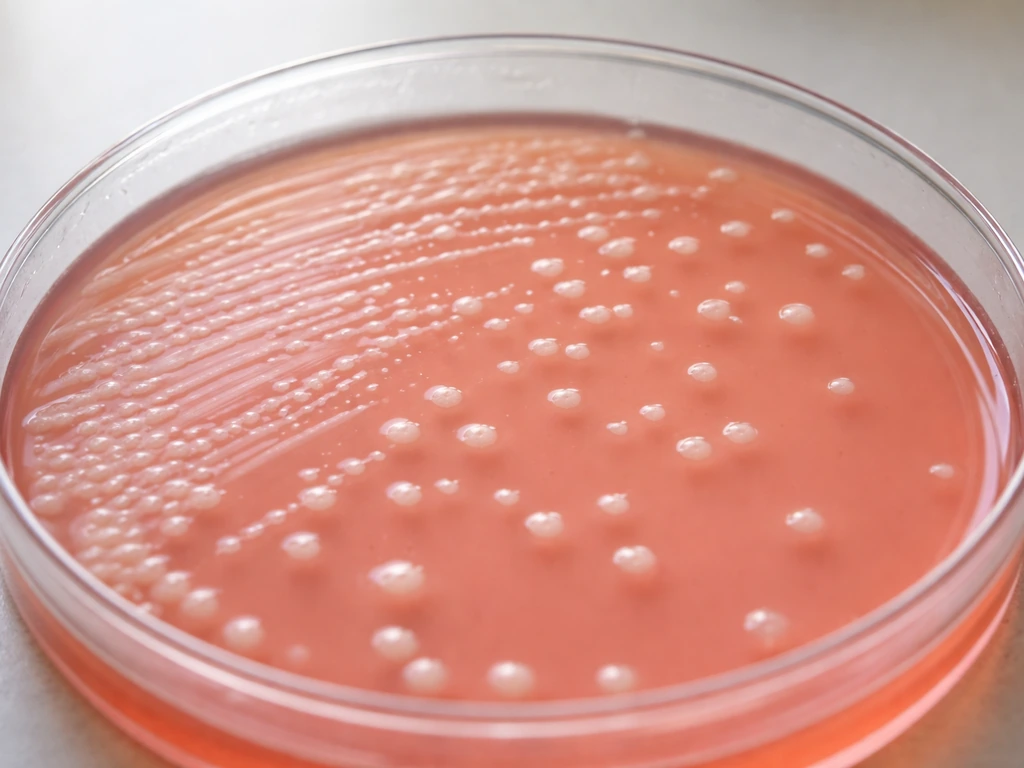 Close-up of a MacConkey agar plate showing colorless Proteus-like colonies and slight surface spreading