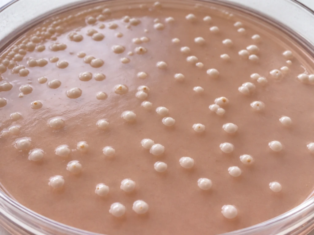 Close-up of MacConkey agar showing off-white Proteus-like colonies with little to no pink haze.