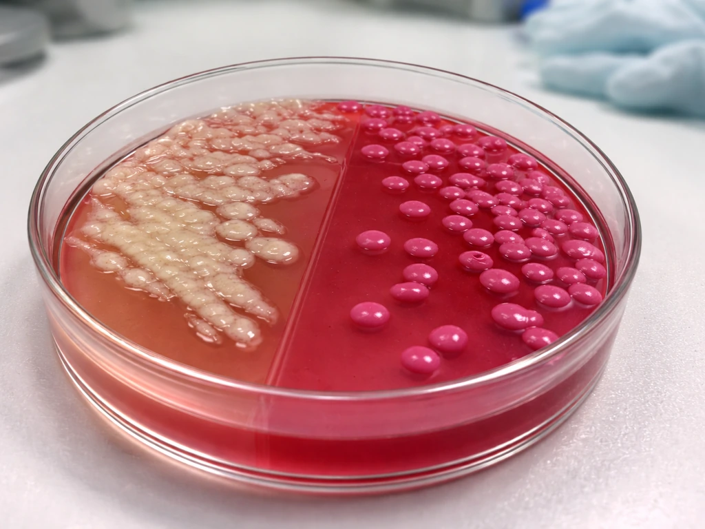 MacConkey agar close-up showing pale non-lactose colonies next to pink lactose-fermenting colonies.