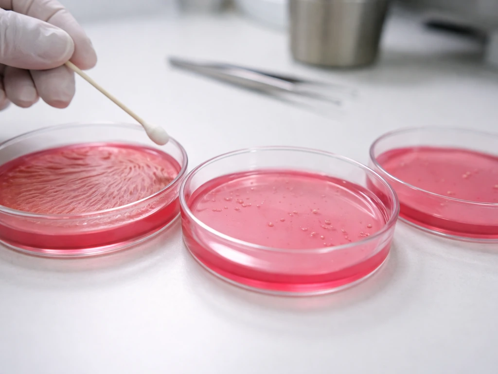 Minimal close-up of MacConkey agar plates showing one with growth and others with no or abnormal growth.