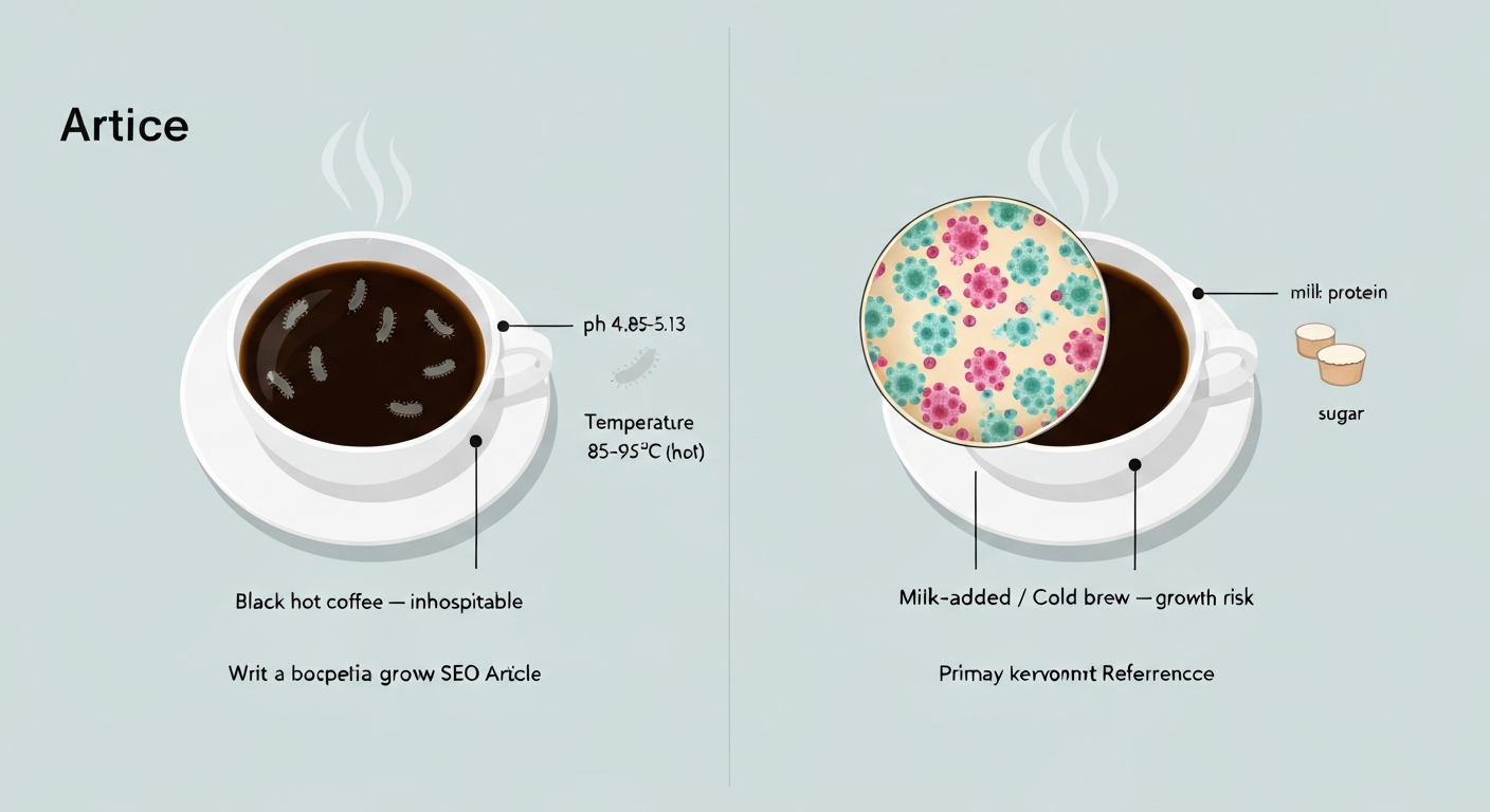 Split infographic: hot black coffee with few bacteria versus cooled milk-added coffee with multiplying bacteria, labeled with temperature and pH icons.