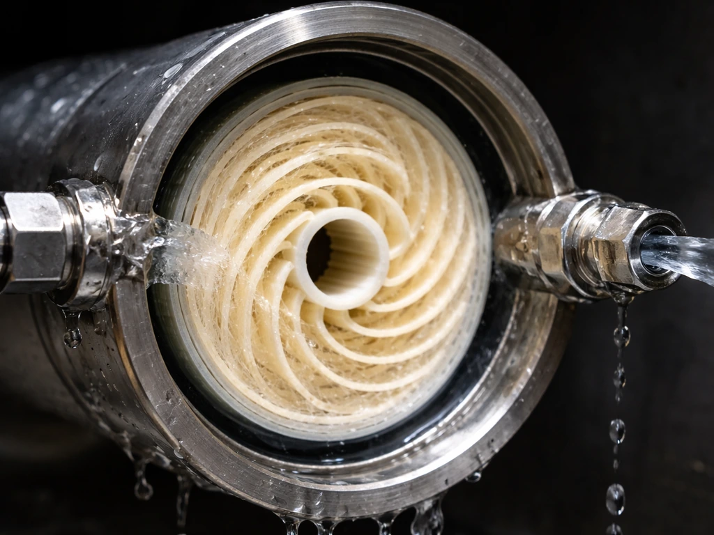Close-up of RO membrane elements with water flowing through a pressure flow setup, clean and minimal