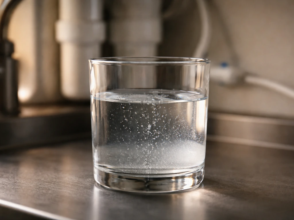 Minimal close-up of clear RO water in a transparent vessel beside filtration hardware, suggesting growth conditions.