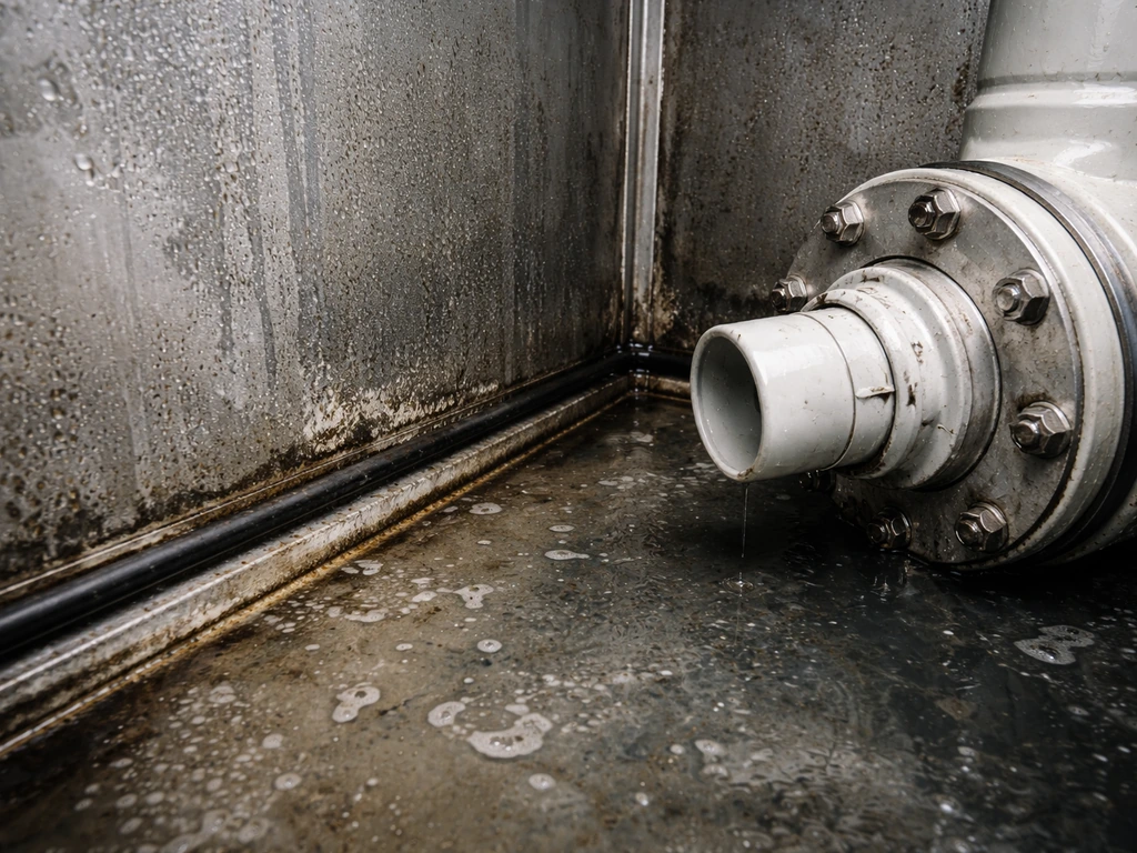 Close-up inside an RO system storage tank showing wet wall texture and stagnant-water biofilm risk
