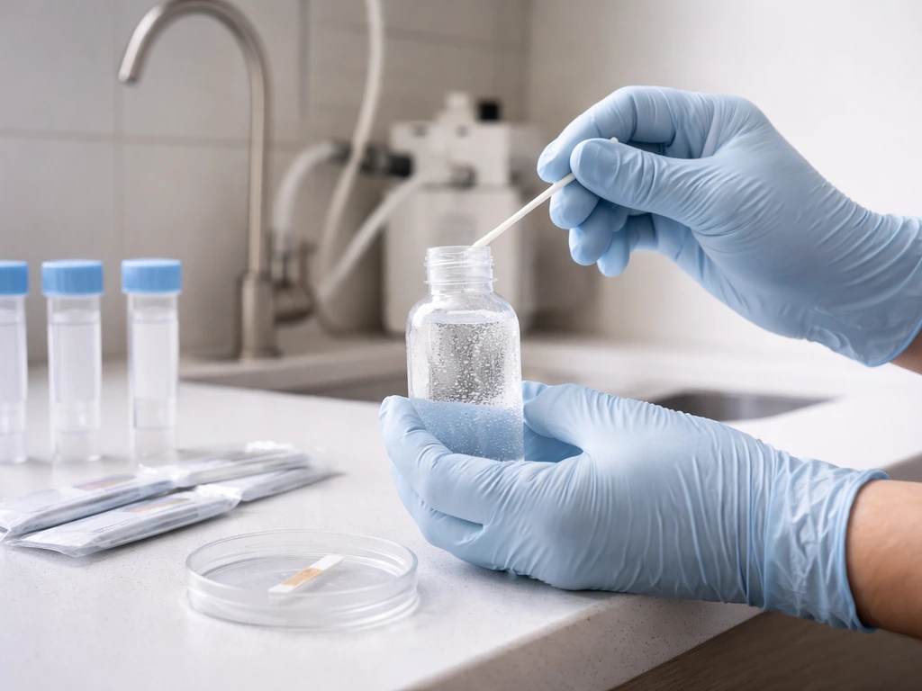 Person swabs a clear RO water sample bottle and places test strips in a clean sink area