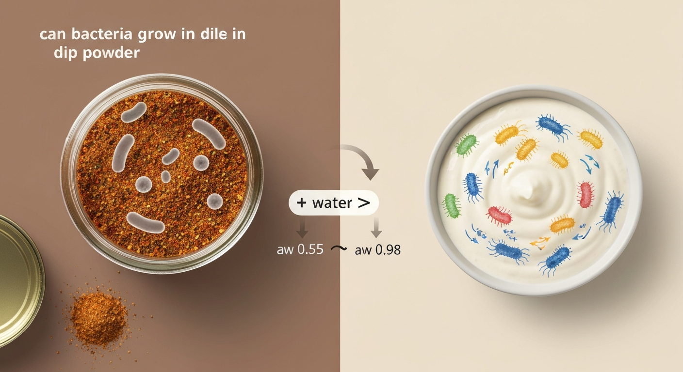 Infographic-style image showing bacteria surviving in dry dip powder on one side and multiplying in a rehydrated dip on the other, with an arrow indicating increased water activity.